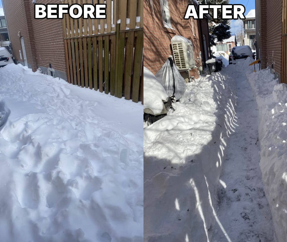 Snow-filled walkway before and after clearing